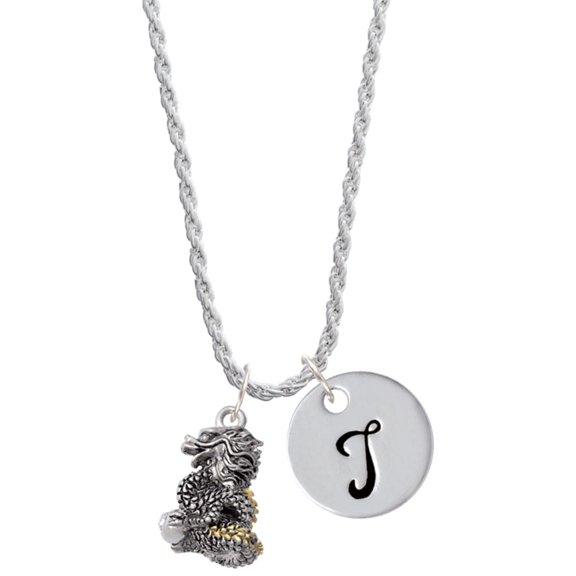 Delight Jewelry Two-tone Dragon with Crystals Silvertone Script Initial Disc - T - Charm Necklace, 20"+3"