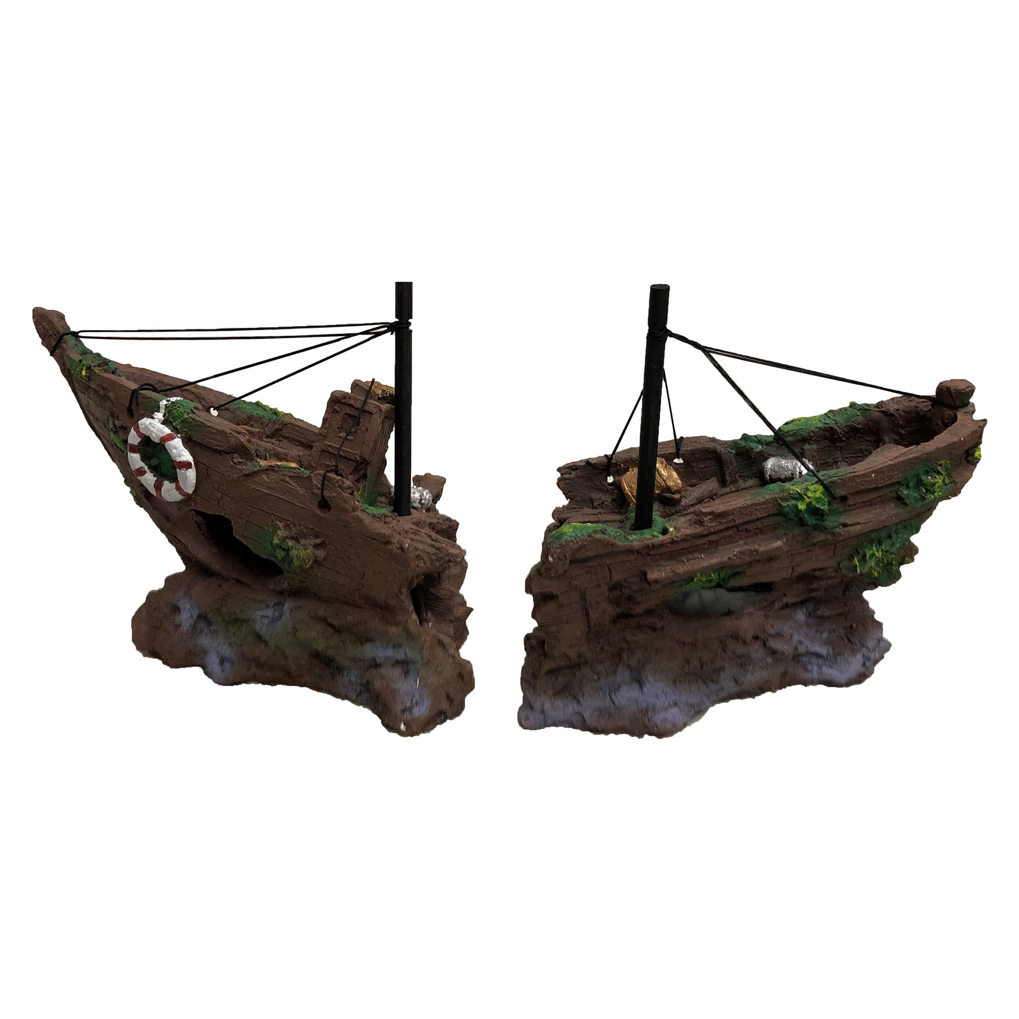 Sunken 2-Piece Ship Aquarium Decoration 21x8x9
