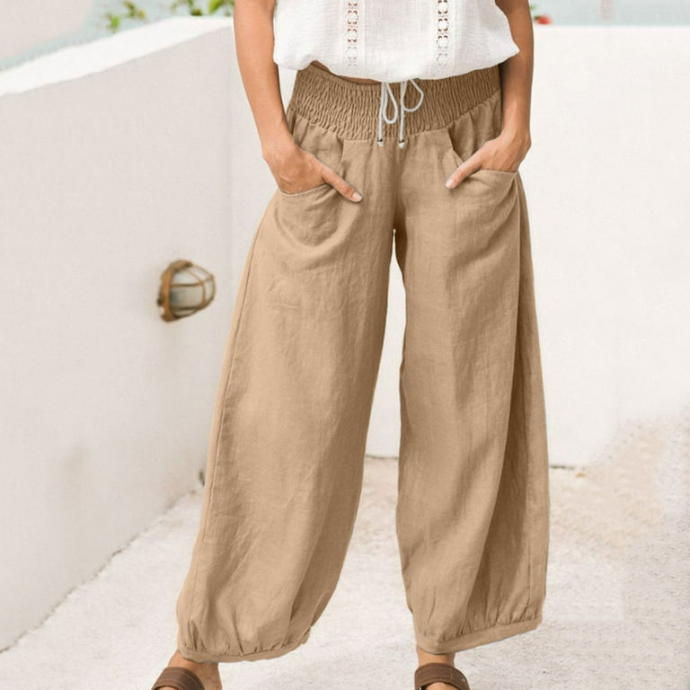 Cotton Linen Pants for Women Stacked Loose Vintage Solid Basic High Waist Wide  Leg Khaki Trousers Summer Women's Pants