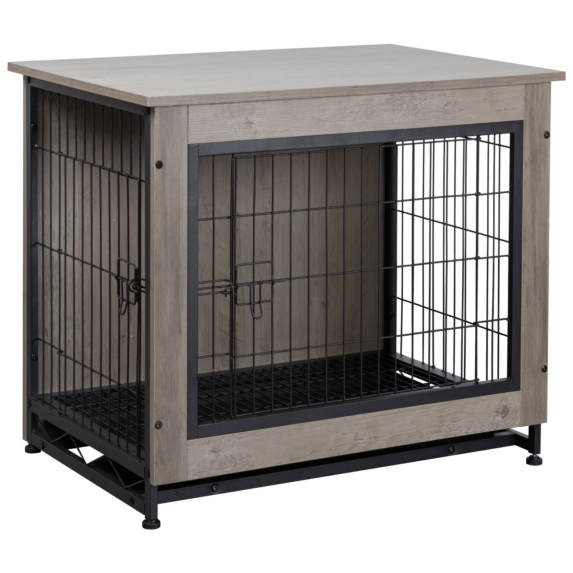 Walsunny Wooden Dog Crate Furniture,Double-Doors Kennel Indoor with Divider and Removable Tray,End Table Dog Crate for Decoration 27.2"L x 20.1"W x 23.6"H，Grey