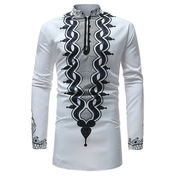 Hommes Shirt Adult Male Long Cou Hommes Automne Hiver Luxe Imprimé Africain à Manches Longues Dashiki Shirt Top Chemisier Vêtements (Blanc, XL)