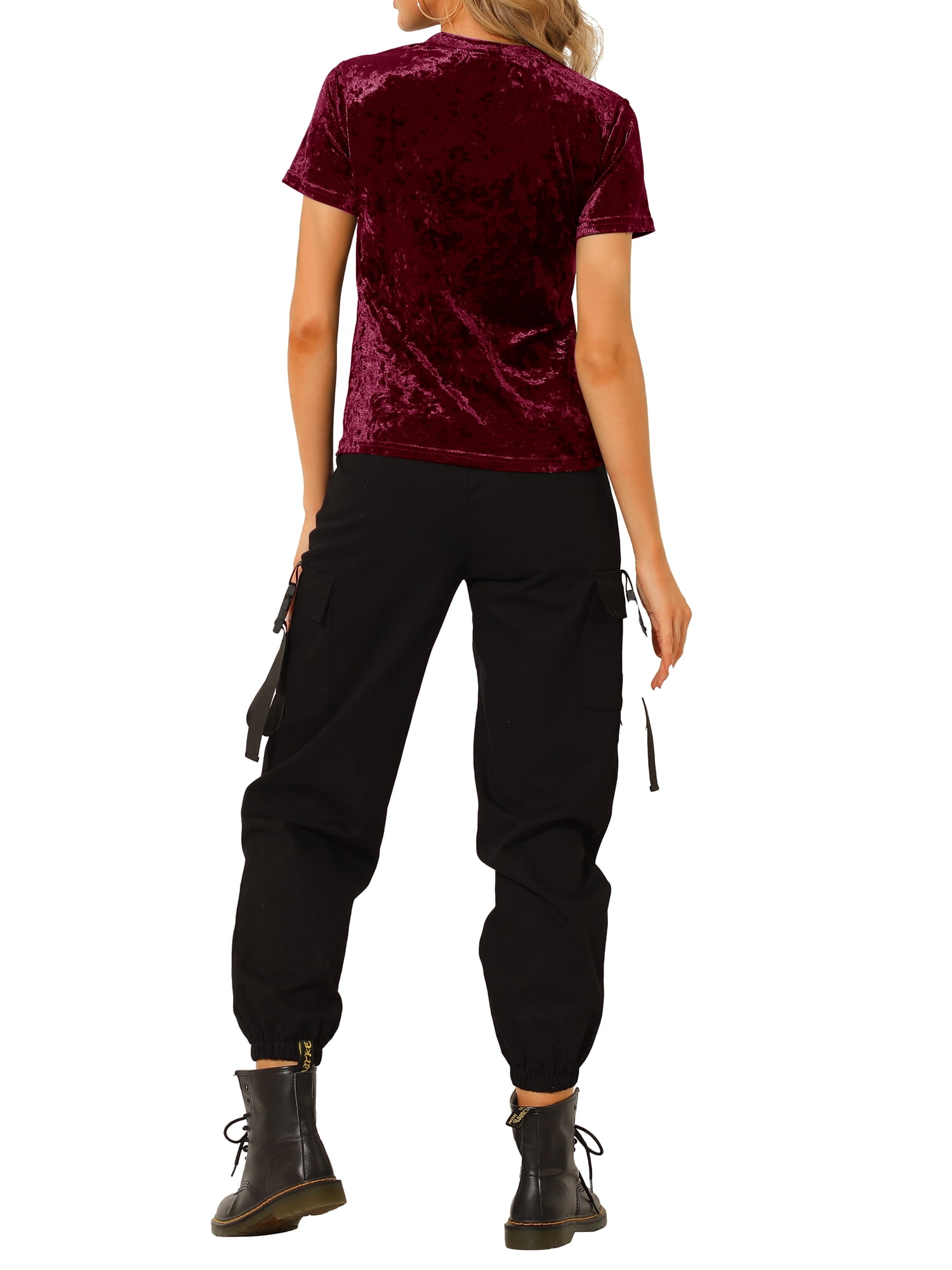 DARING DIVA Women's Velvet Blouse Tops Crew Neck Short Sleeve T-Shirt XL Burgundy
