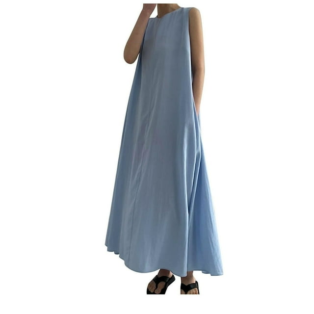 Robe en Lin de Coton Plissé Col Rond Décontractée et Sans Manches pour Femmes