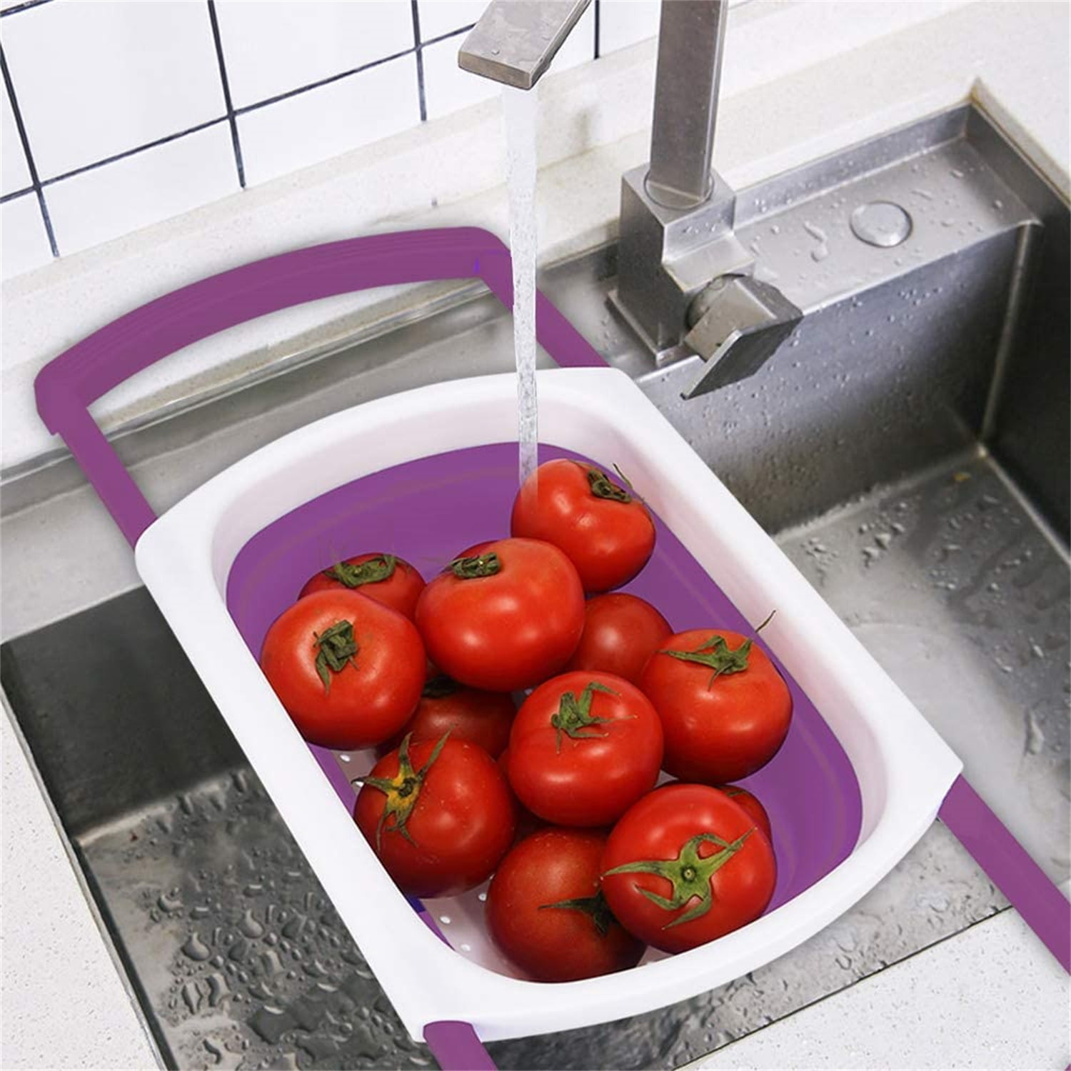 Kepooman Kitchen Over The Sink Collapsible Colander Strainer with Extendable Handles for Vegetable Fruit, Purple Kepooman Kitchen Over The Sink Collapsible Colander Strainer with Extendable Handles for Vegetable Fruit, Purple
