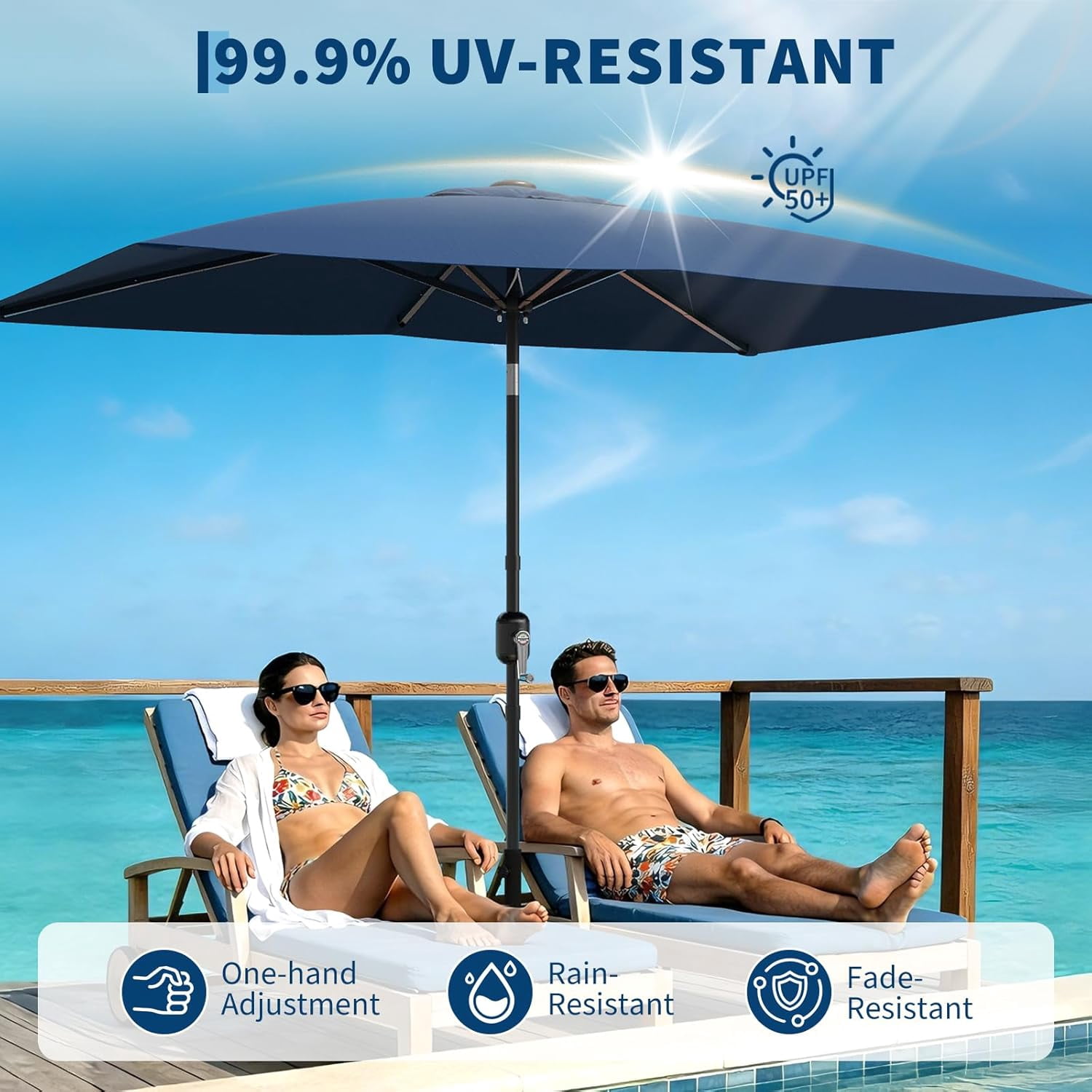 10' x 6.5' Rectangular Patio Umbrella, Outdoor Table Umbrella with Crank and Push Button Tilt, Market Umbrella Sun Umbrella with 6 Sturdy Ribs Tilt for Garden, Deck, Lawn, Pool -Navy Blue
