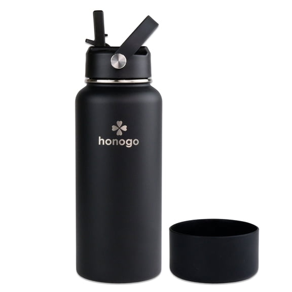 honogo 32 oz Stainless Steel Vacuum Insulated Sports Water Bottle, Wide Mouth Thermo Water Flask With Flex Straw Lid, Leak Proof, BPA Free, Black