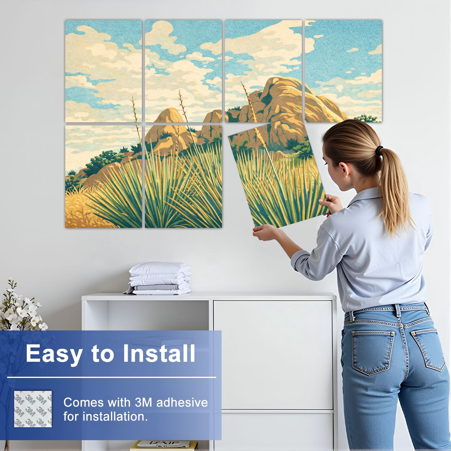 8 Pack Art Acoustic Panels Sound Absorbing white landscape desert yucca boulders Decorative Soundproof Wall Panels Self Adhesive for Nursery Game Room Bedroom 48"x32"