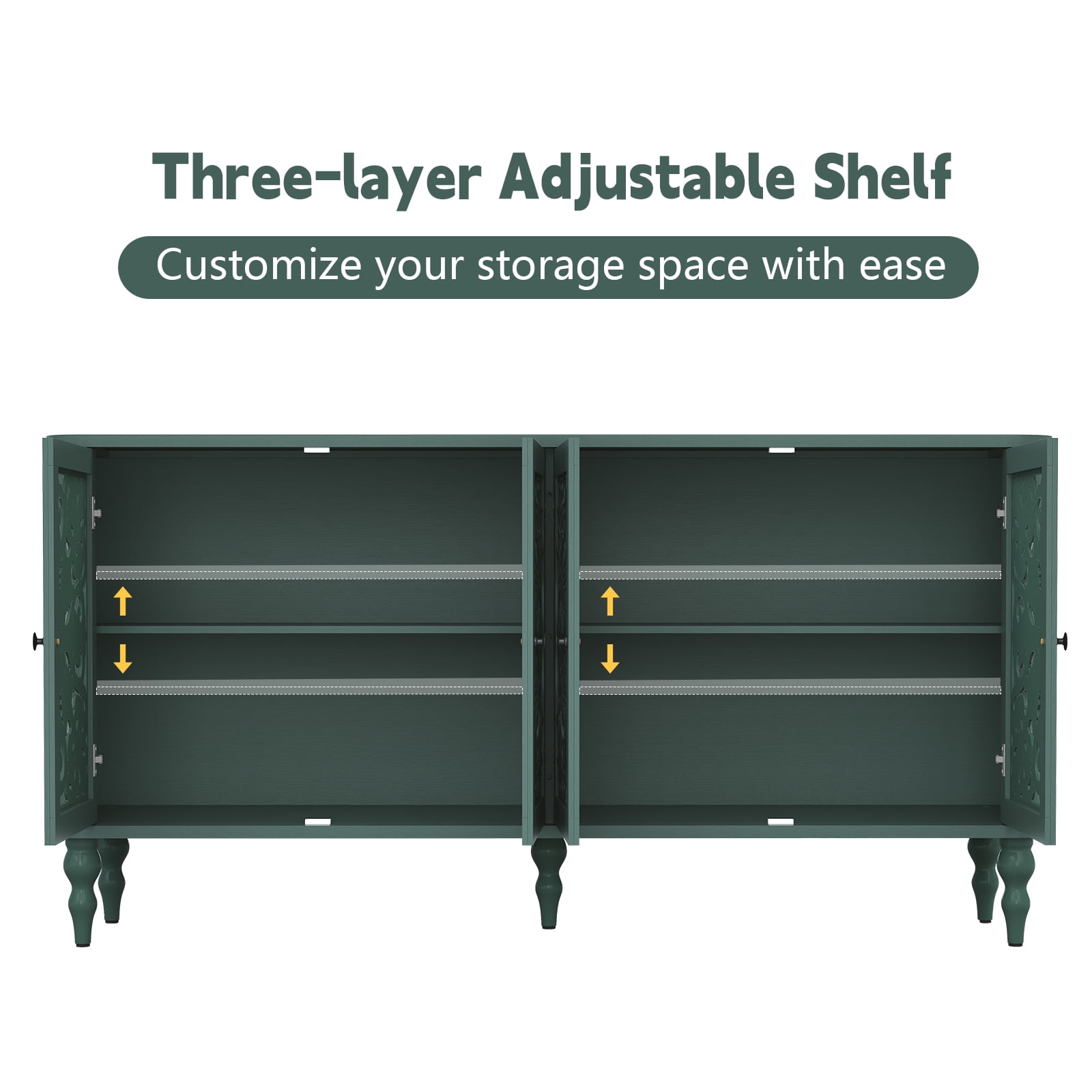 HLR 63" Mid Century Rounded Corners Sideboards Buffets Cabinet with 4 Doors Storage for Kitchen Dining, Green