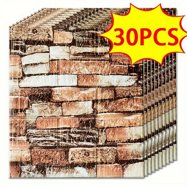 20/30/40//50pcs 3D Wall Tile Sticker, Foam Brick Self-Adhesive Anti-Collision Sticker,
