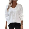 thumbnail image 2 of EchfiProm Womens White Tops Fall V-Neck Pullover Long Sleeve Loose Solid Sweater for Womens, 2 of 9