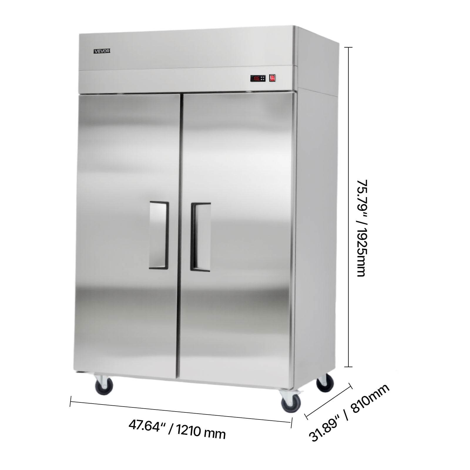 VEVOR Commercial Reach-In Freezer 48" W, 33 Cu.Ft Stainless Steel Upright Freezer with Double Glass Doors, Auto-Defrost, 6 Adjustable Shelves, -11 to 14℉ Temp Control, UL Certified