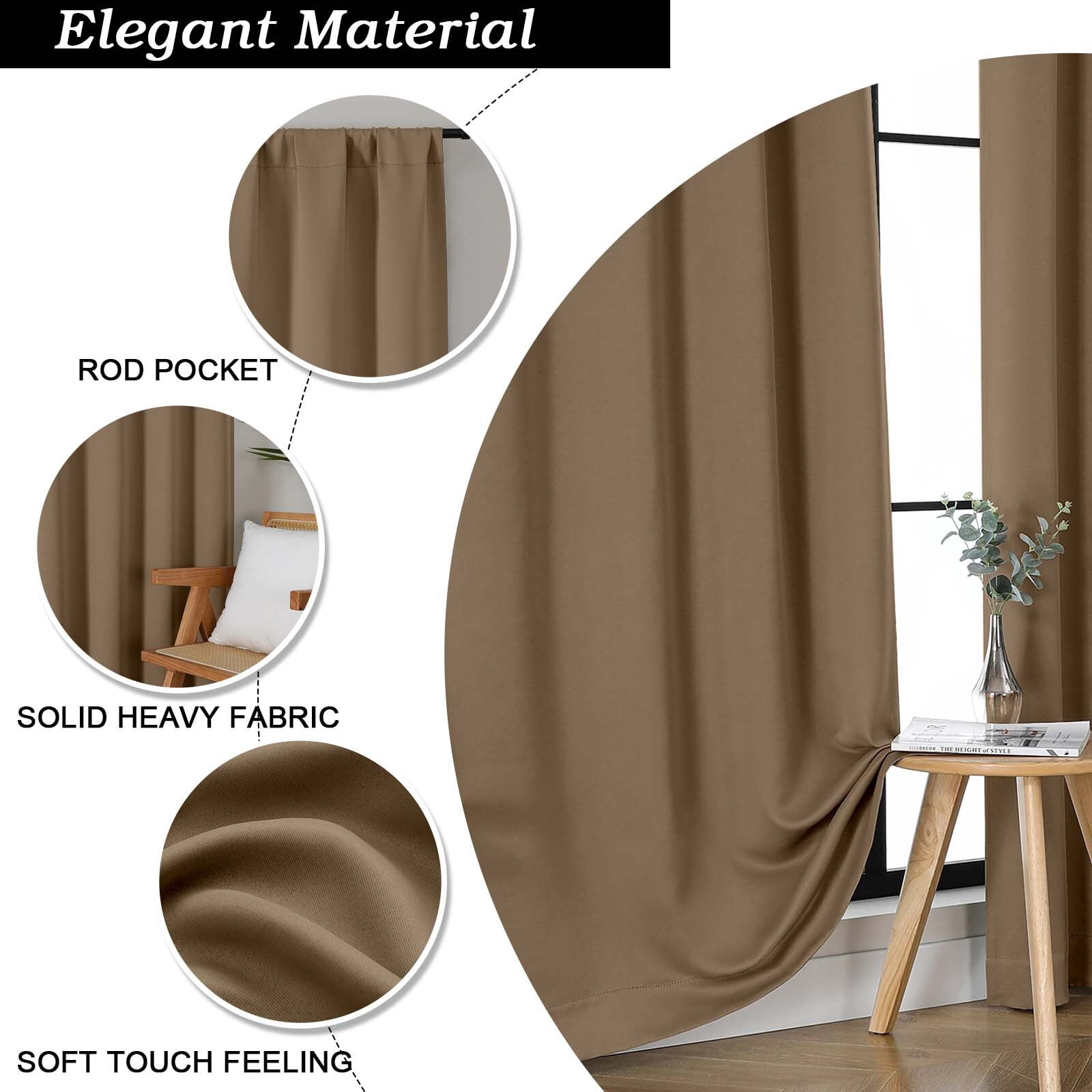 Patin Brown Blackout Curtains for Bedroom 90 Inches Long 2 Pcs, Rod Pocket Room Darkening Window Curtains, Privacy Thermal Insulated Drapes for Living Room Dining Room, Each Panel 50" W x 90" L
