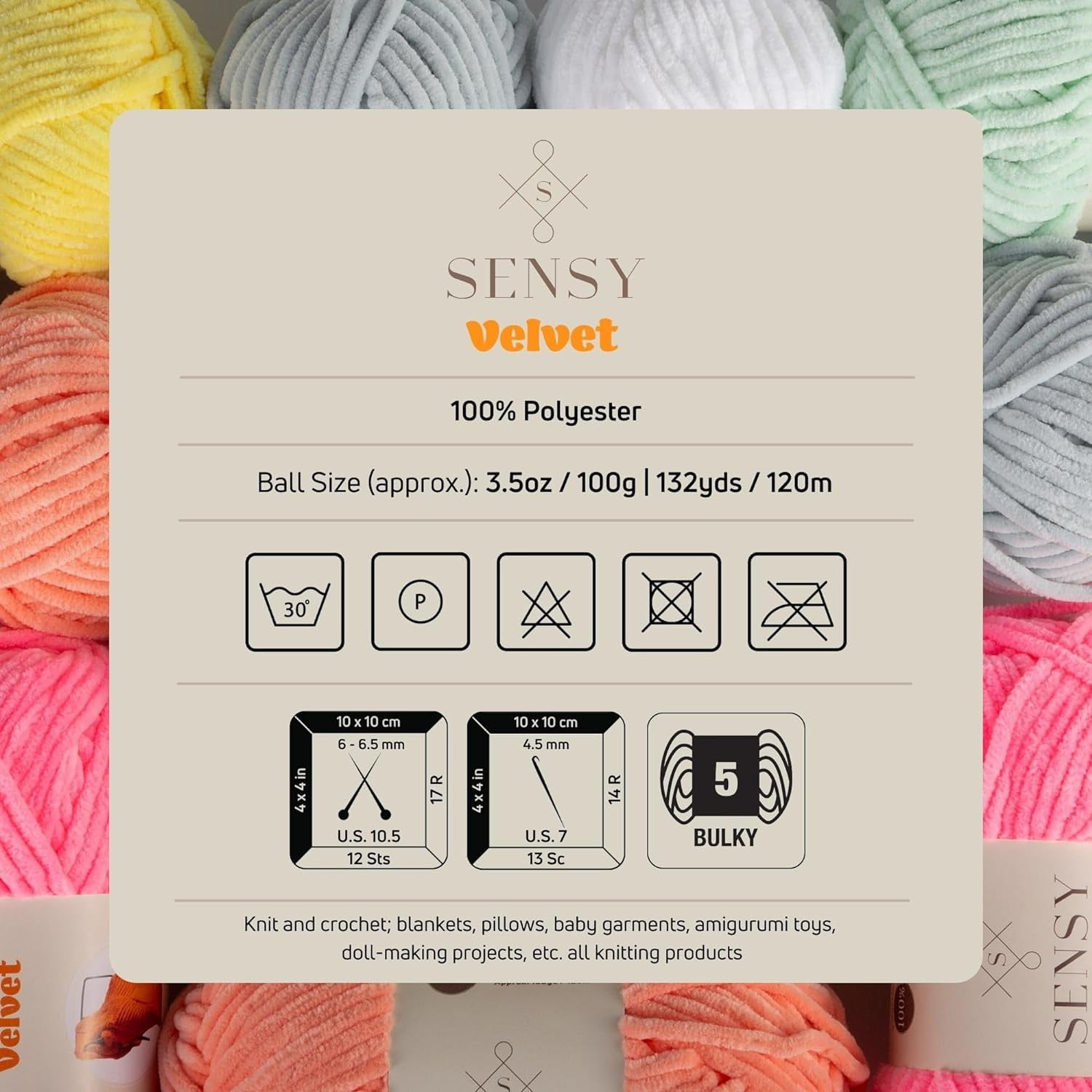 5 Skeins of Sensy Velvet Yarn for Crocheting, Baby Blanket Yarn, Chenille Yarn, Amigurumi Yarn, 3.5 oz, 132 Yards, Gauge 5 Bulky (Baby Blue)