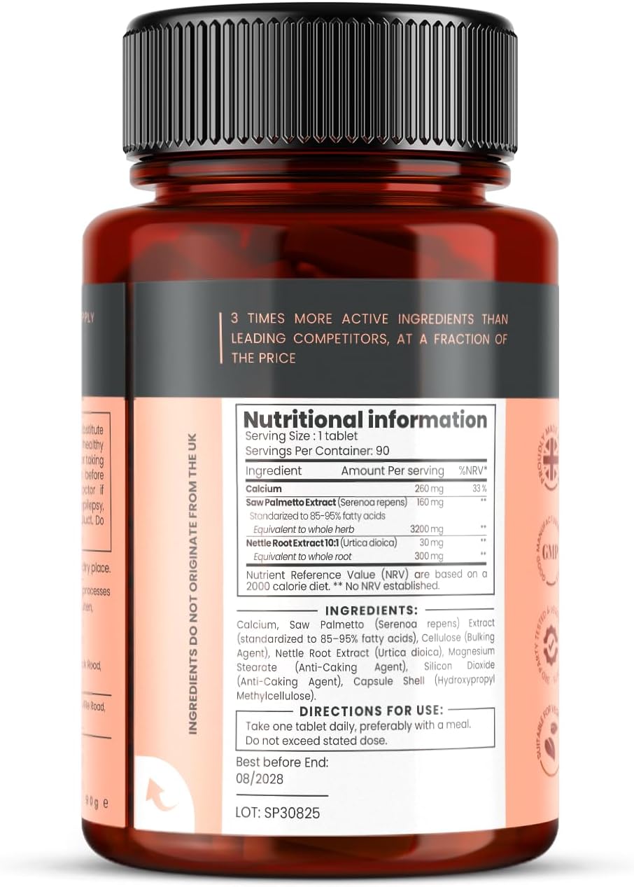pureclinica Triple Strength Saw Palmetto & Nettle Root – With Calcium – Herbal Botanical Supplement, Non-GMO – 90 Tablets (3-Month Supply)