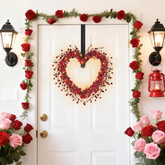 Vnice  Valentine's Day Heart Wreath 13", Valentines Day Decor, 2A Battery Operated, LED Lighted Red Berry Heart Shaped Valentines Wreaths for Front Door and Room