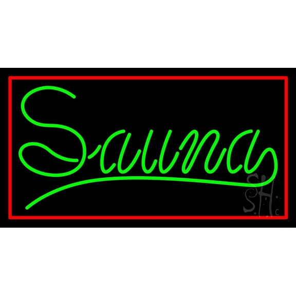 Green Sauna With Red Border LED Neon Sign 13 x 24 - inches, Black Square Cut Acrylic Backing, with Dimmer - Bright and Premium built indoor LED Neon Sign for Spa interior decor and storefront.