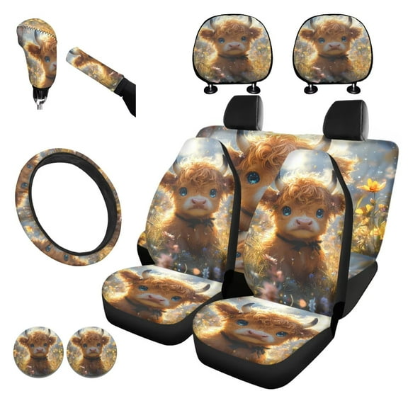 Garronmavis Highland Cattle Baby Full Set Universal Seat Covers for Cars Steering Wheel Wrap Gear Shift Cover Handbrake Sleeve Headrest Protectors Cup Coasters Full Wrapping Edge Interior Accessories
