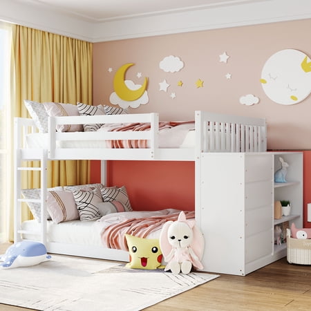 Full Over Full Bunk Bed with 4 Storage Drawers and 3 Shelves  Space-Saving Design  Wood Bunk Bed Frame with Guardrail and Ladder  Solid Wood Bunk Bed Frame for Kids Teens Girl Boys Adults  White