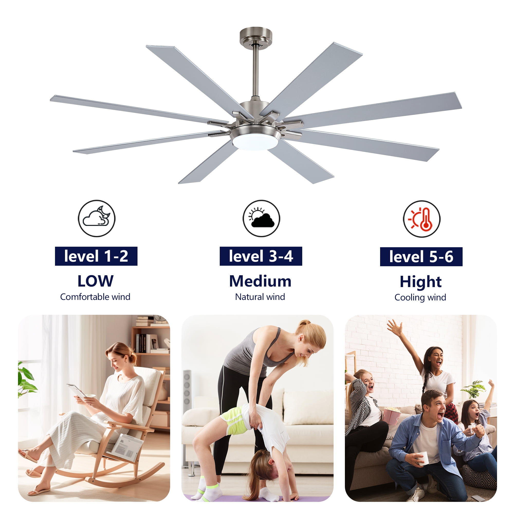 BOFANG 72 in Large Ceiling Fan with Dimmable LED Light and Remote, 8 Blades DC Motor(Nickel + Silver)