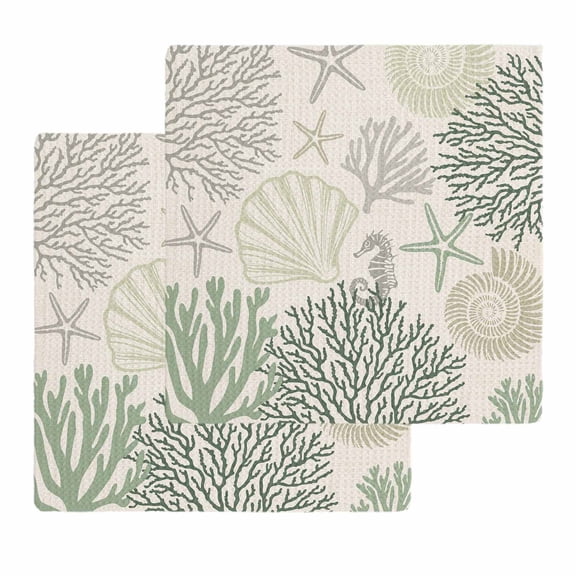 Sage Green Ocean Kitchen Dish Towels for Drying Dishes Set of 2, Coastal Grey Coral Starfish Shell Waffle Weave Microfiber Hand Tea Bathroom Towels Quick Dry & Absorbent Towel 12x12