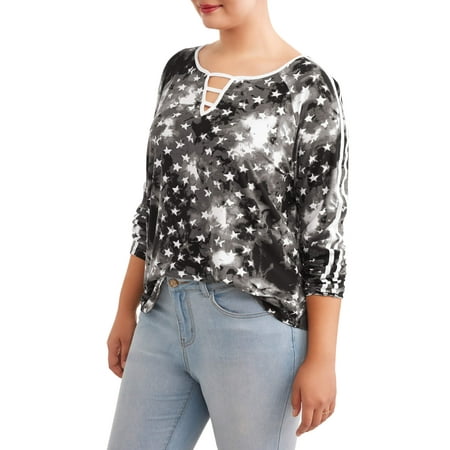Juniors' Plus Long Sleeve Raglan Strap Trim Top