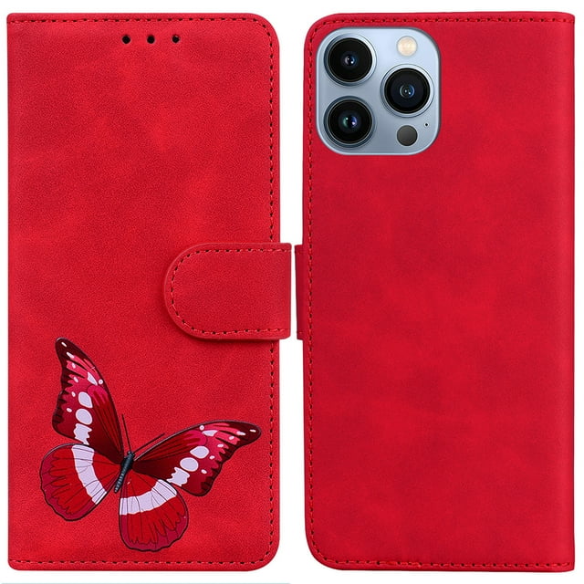 Leather Wallet Case for iPhone 13 Pro Max,Butterfly Pattern with Card Slots Kickstand Magnetic Clasp Shockproof Protective Case for Women Girls,6.7 inch,Black