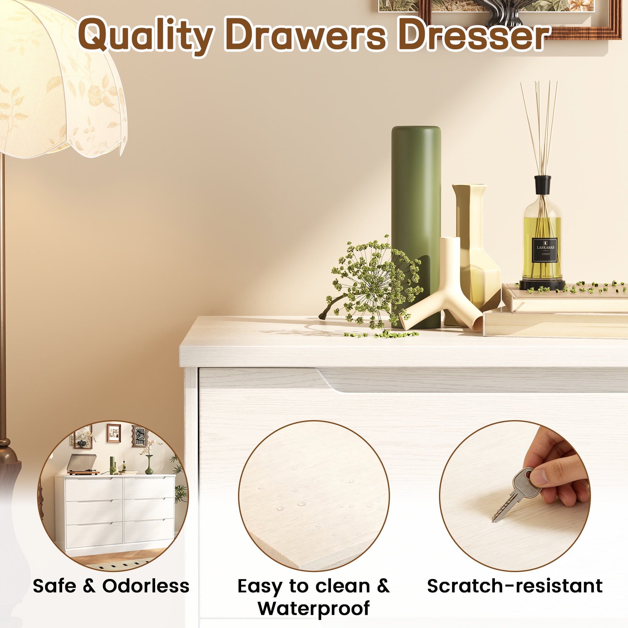 6 Drawer Dresser, Wood Chest of Drawers for Bedroom, White Modern Storage Cabinet Dresser Organizer Unit for Living Room, Closet