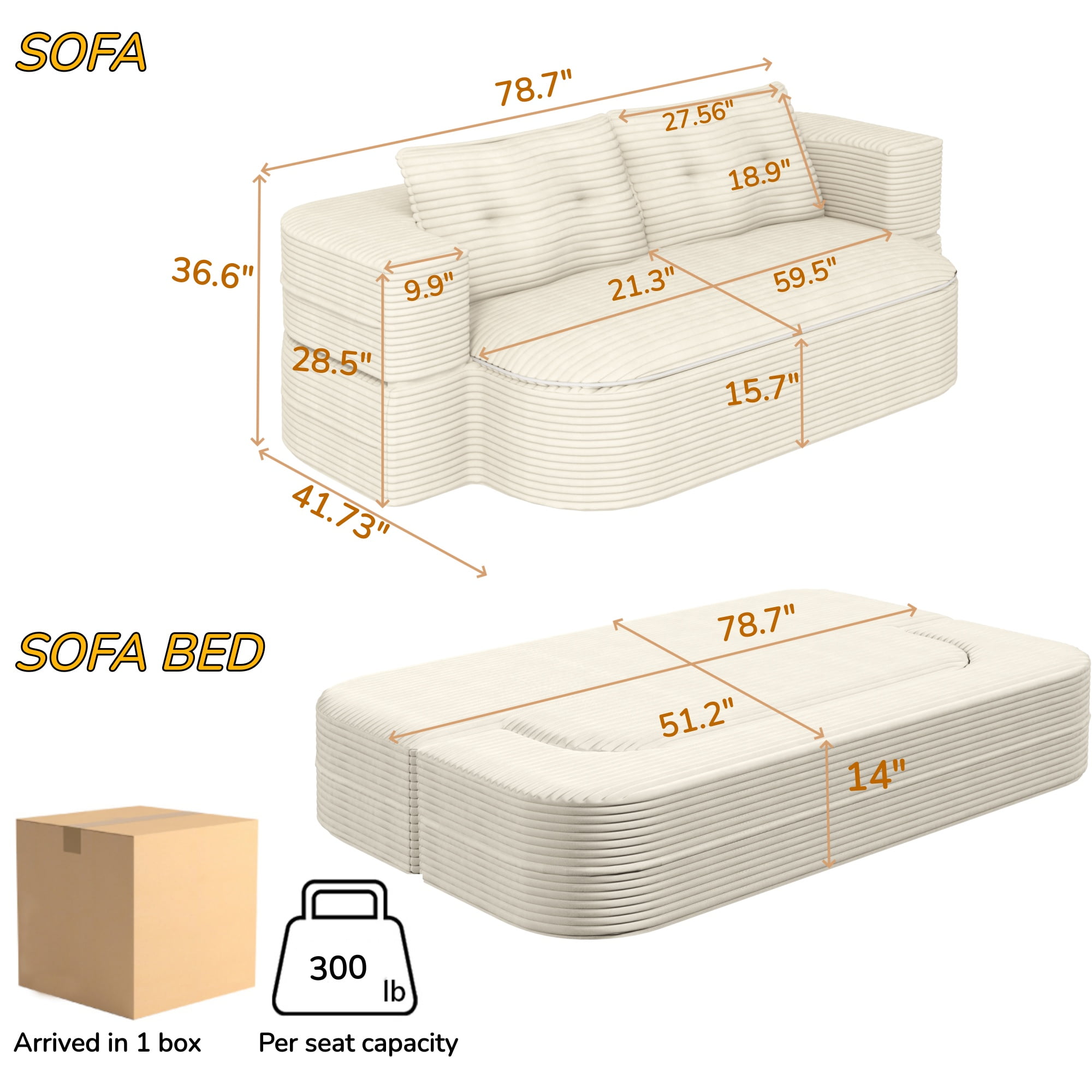 NeoKo 78" Full Size Floor Sofa, Folding Queen Sleeper Couch, Futon Loveseat Sofa, Corduroy Boneless Loveseat Couch, Fold Mattress Bed for Living Room, Guest Use, Office, Apartment, Beige