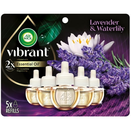 Air Wick Vibrant Plug in Scented Oil Refill, 5 Count, Lavender & Waterlily, Air Freshener, Essential Oil