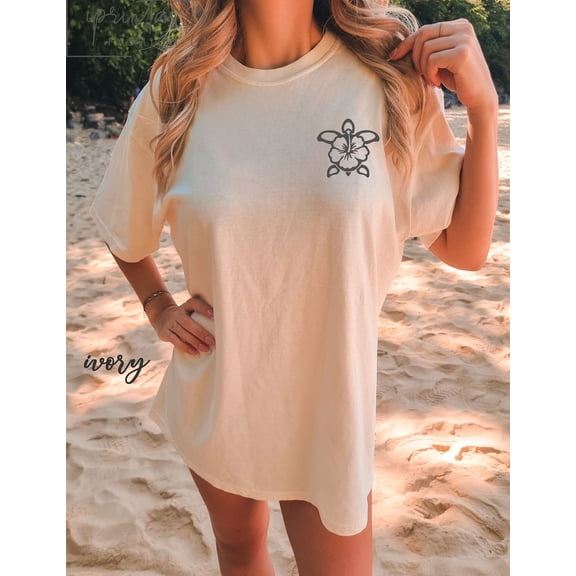 Tee Clo Hawaiian Turtle T-Shirt Hibiscus Flower Graphic T-Shirt Summer Beach Vibe Tee, Full Size S-5XL