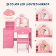 thumbnail image 2 of Kids Vanity Desk Set with Mirror and Lights, Princess Wooden Makeup Vanity with Chair, Storage Shelves and Drawers, 2-in-1 Girls Dressing Table, Pink, 2 of 7