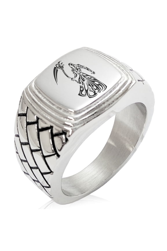 Stainless Steel Harbinger Grim Reaper Geometric Pattern Step-Down Biker Style Polished Ring