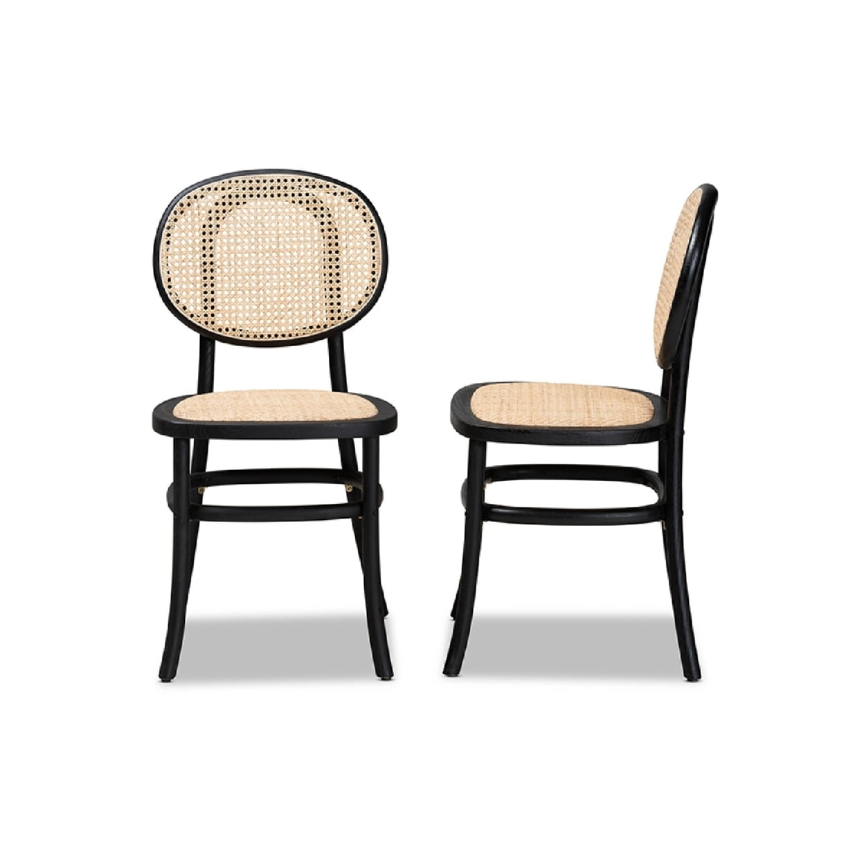 Baxton Studio Garold Mid-Century Modern Brown Woven Rattan and Black Wood 2-Piece Cane Dining Chair Set
