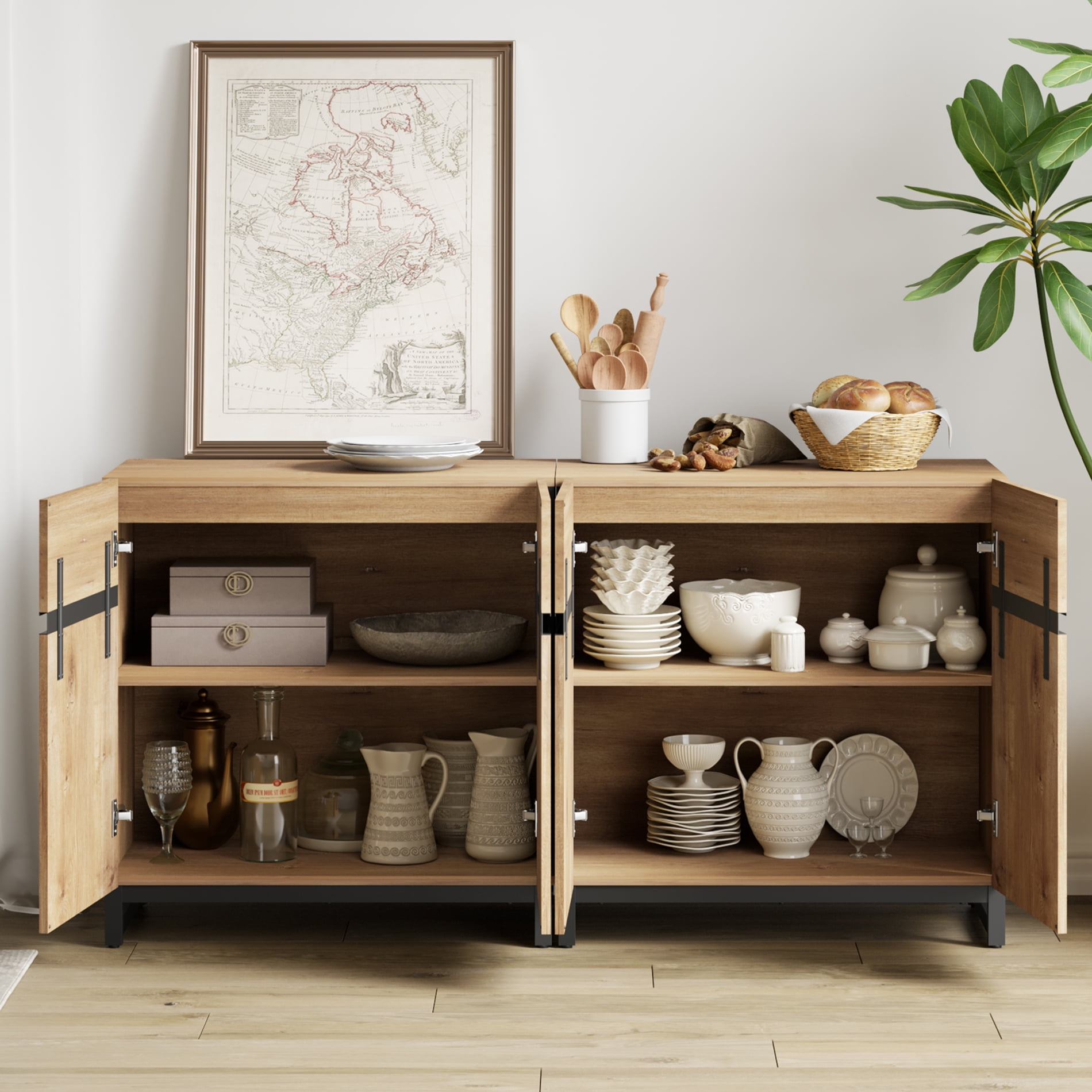 63"Modern 2-in-1 Multifunctional Sideboard Buffet with Adjustable Shelf & Metal Base, Wood Grain,Oak