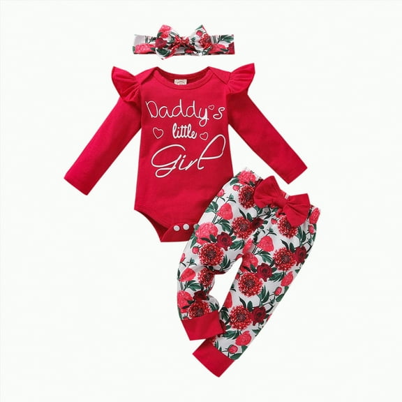 BAnala Baby Clothes Baby Girls Cotton Clothes Ruffled Long Sleeve and Fla Pants Scarf Outfit 3pcs Set Red,0-3 Months