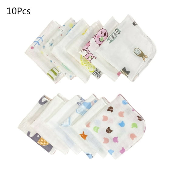 10Pcs 20x20cm Baby Washcloths Set Cute Cartoon Print Double Layer Gauze Infant Face Towel Reusable Wipes Absorbent Square Burp Cloths Handkerchief