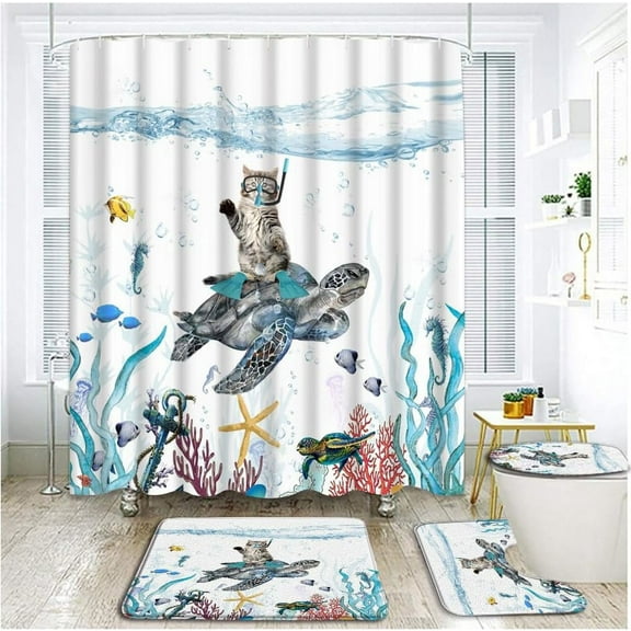 4 PCS Cat Riding Sea Turtle Shower Curtain Set with Rugs, Toilet Lid Cover ,Cartoon Kids Funny Diving Kitten Summer Blue Teal Ocean Animal Underwater Tropical Fish Bathroom Shower Curtain with Hooks