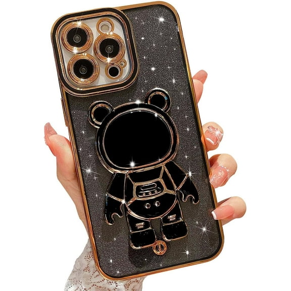 Compatible for iPhone 14 Pro Max 6.7 Inch Bling Plating Astronaut Hidden Stand Case, Cute 6D Bear Stand Glitter Phone Case for Women Girls Soft TPU Shockproof Back Cover - Black