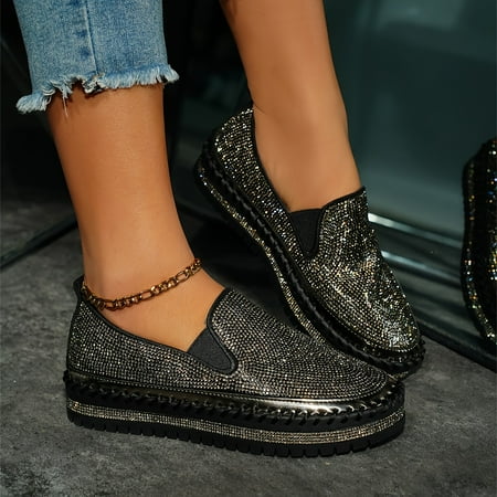 

Summer-Ready Women s Crystal Embellished Slip-on Loafers: Lightweight Thick Comfort Sole Chic Solid Color Design