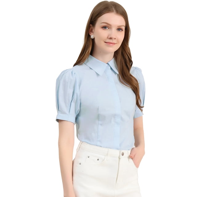 Camisa abotonada de oficina de trabajo Allegra K de algodón con cuello de manga abullonada para mujer Azul claro XL