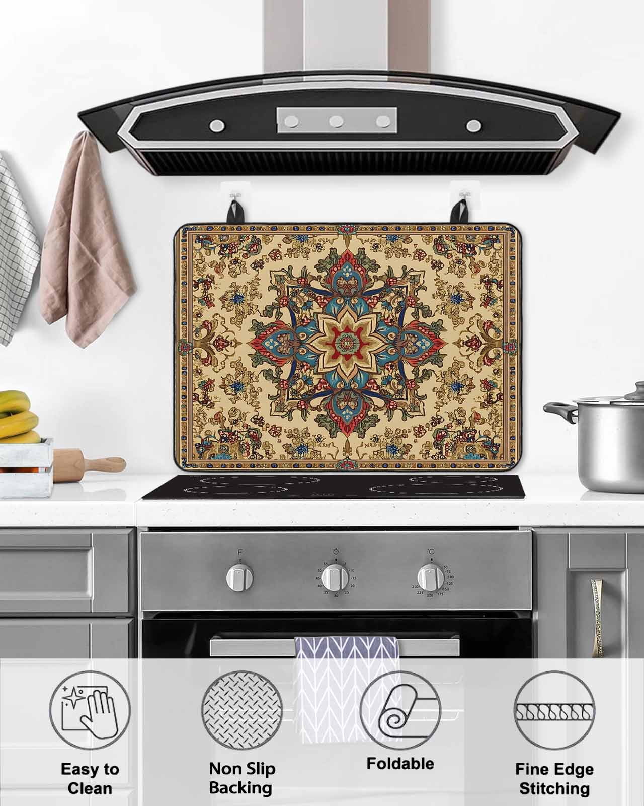 nqOlkjepod Large Induction Cooktop Protector Mat 36"x21", Boho Flower Stove Top Covers for Electric Stove, Bohemian Western Rustic Tribal Patterns Stove Burner Cover Mats, Glass Top Stove Cover