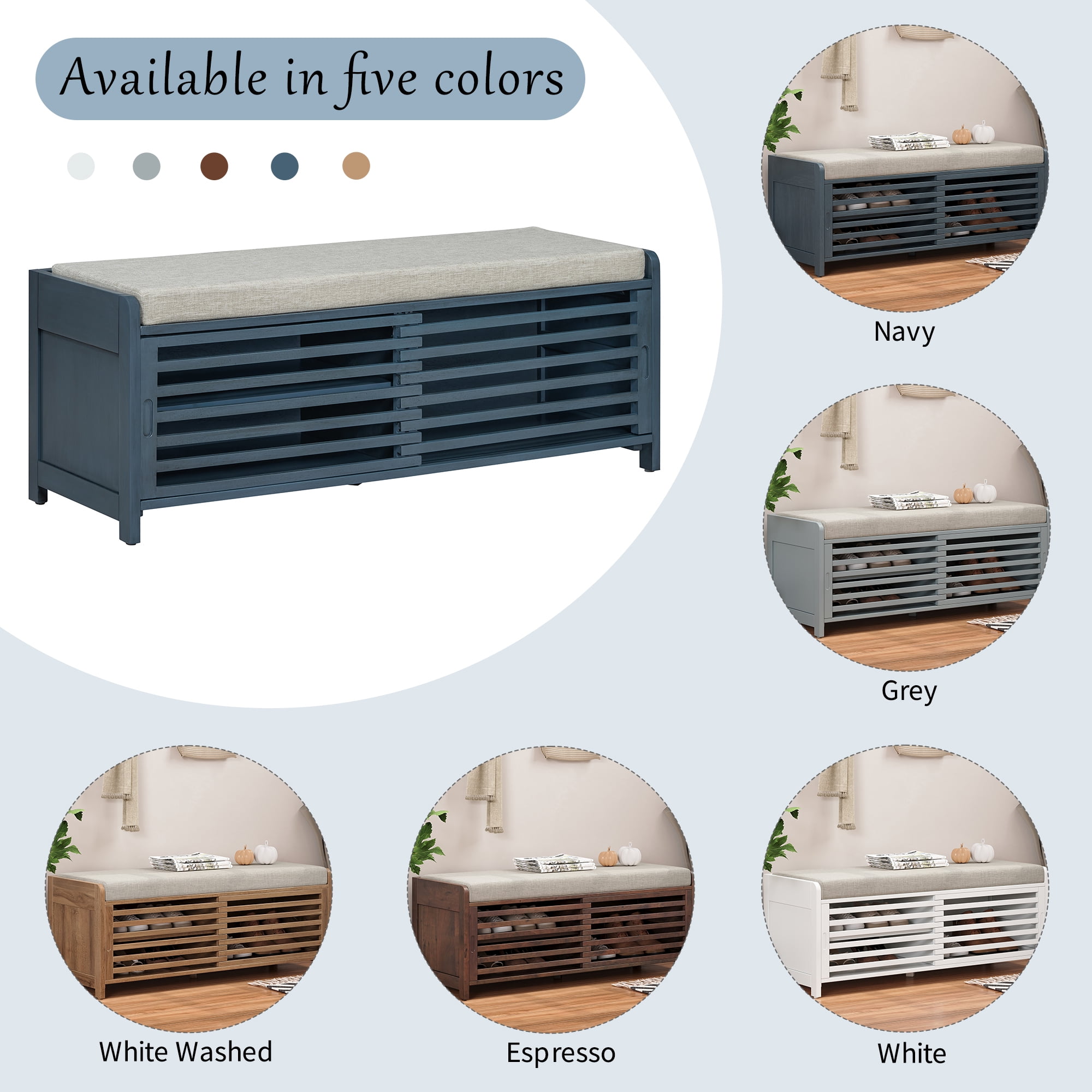 MAYEERTY Shoe Bench with Storage and Cushion, Distressed Shutter Storage Bench with Retro Charm for Living Room, Entryway, Navy