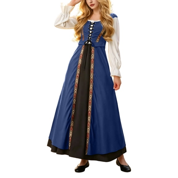 LEKWK Renaissance Dress for Women Lace-Up Long Sleeve Maxi Dress Vintage Medieval Dress Flowy Gorgeous Outfit for Halloween Cosplay Theme Party