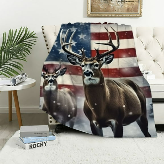 BCIIG Blanket American flag deer Throw Blankets for Couch & Bed Plush Cozy Fuzzy Blanket Super Soft Warm Throw Blanket for Travel Camping 40x50in