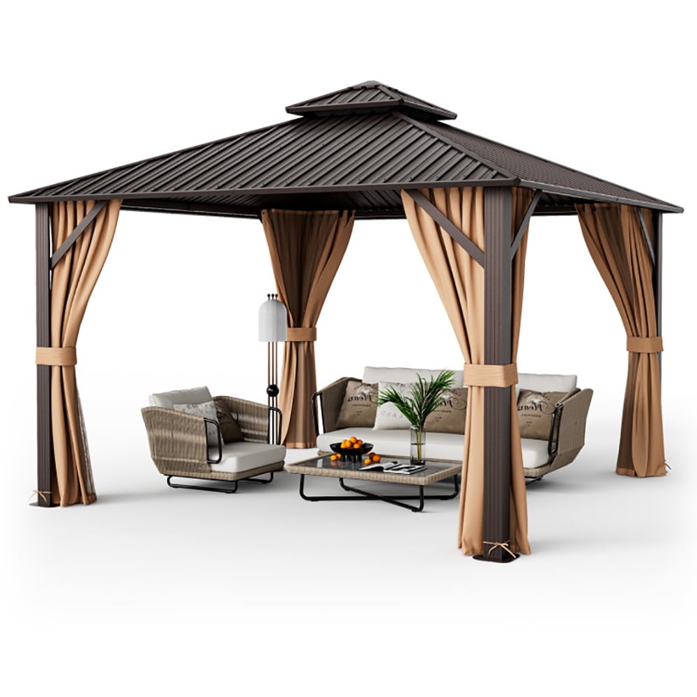Aimee Lii 12 x 12 Feet Double-Roof Patio Hardtop Gazebo with Steel Roof Netting and Curtains, Canopy Gazebo for Party BBQ Events, Coffee