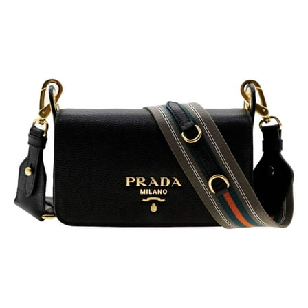 New Prada Milano Black Small Leather Crossbody Bag Web Stripe Strap