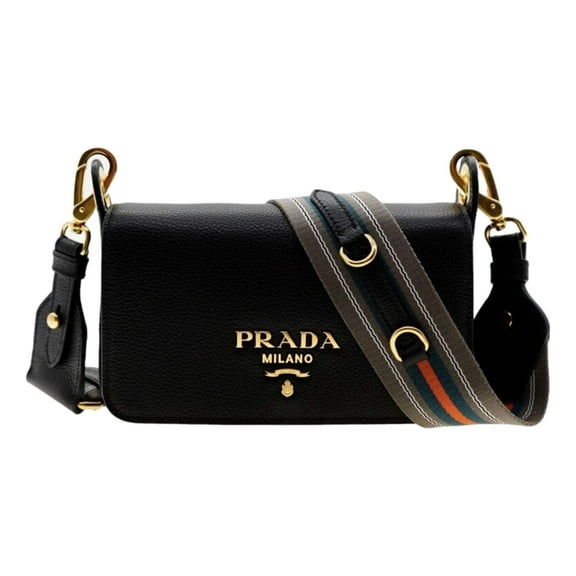New Prada Milano Black Small Leather Crossbody Bag Web Stripe Strap