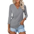 thumbnail image 2 of Htigea V Neck 3/4 Sleeve Shirt for Women Plain Summer Tees Casual Loose Top Lightweight Daily Wear Gray,S, 2 of 5