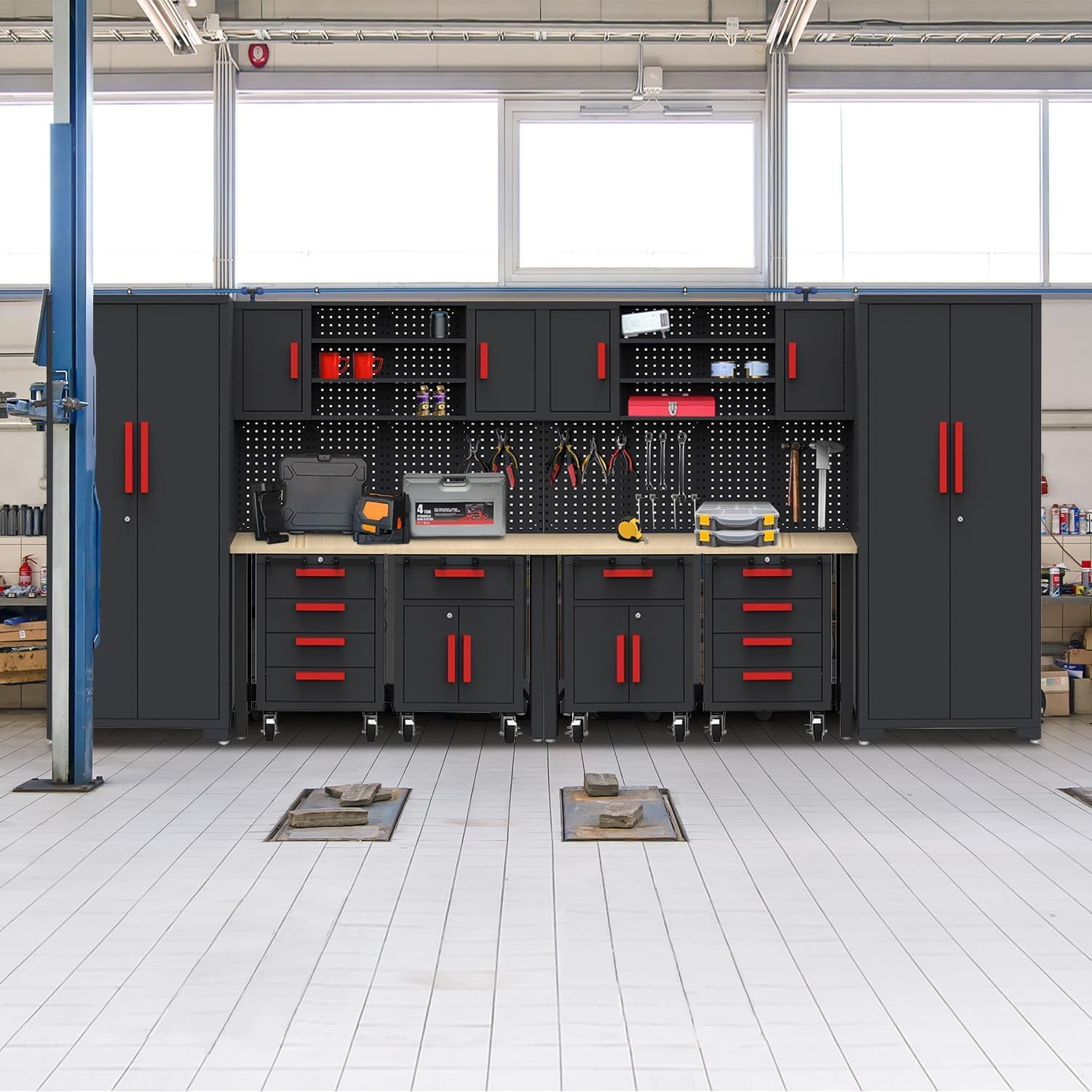 HPDMC Garage Cabinets Storage System，12PCS Workshop Set with Steel Cabinet Drawers, Rolling Chest, Workbench, Pegboard for Tool Organization