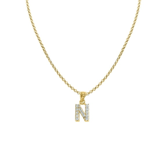 Genuine 14k Yellow Gold 0.59" Cubic Zirconia CZ Initial Letter N Pendant Necklace 16", 18", 20", 22" Trendy Charm Initial Necklaces for Women